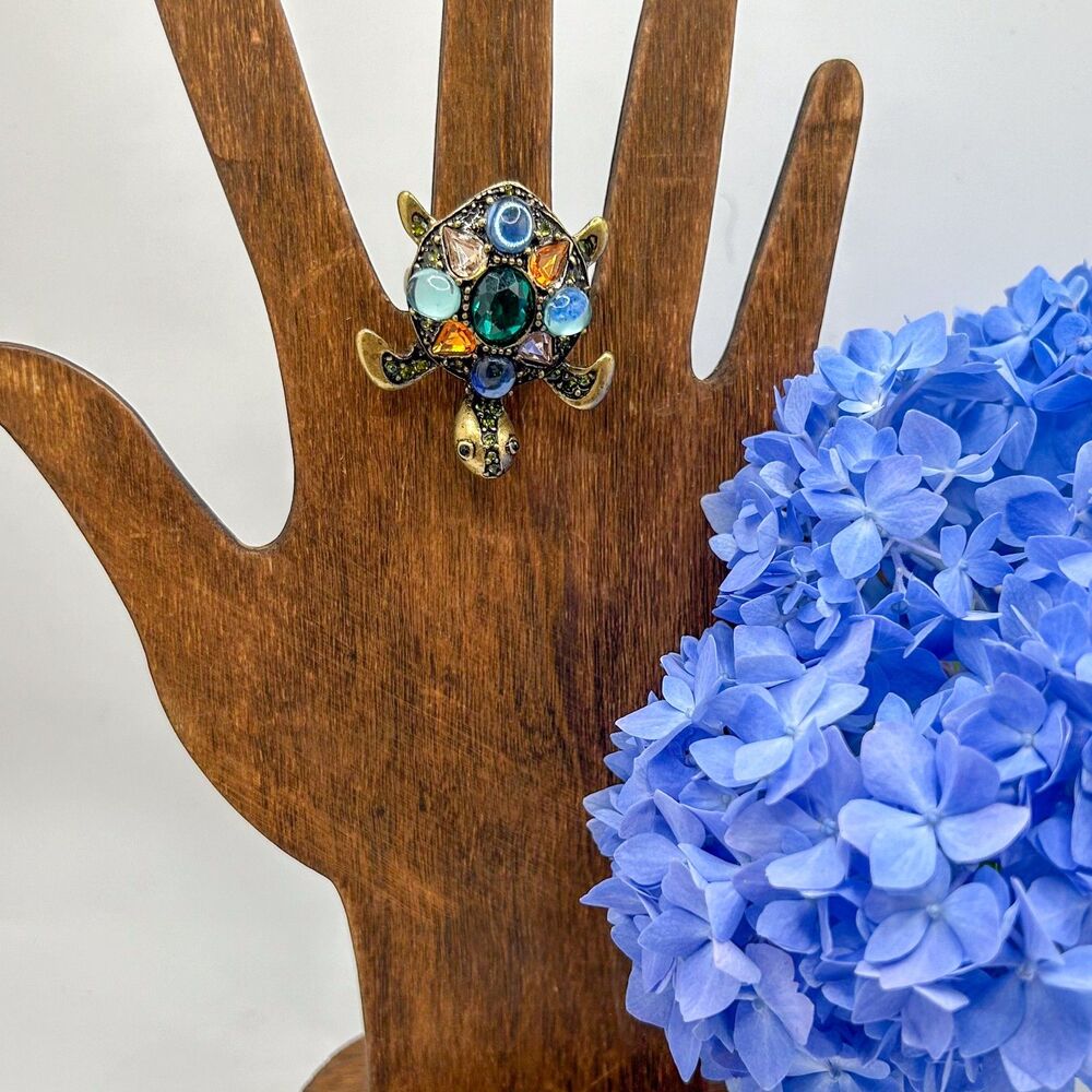 Brass Tone Turtle Ring Multicolored Cabochons Green Rhinestones Adjustable Size